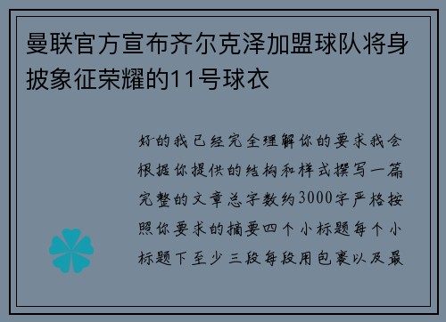 曼联官方宣布齐尔克泽加盟球队将身披象征荣耀的11号球衣